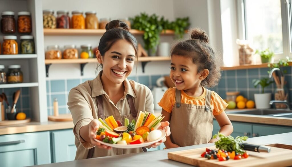 A bright, colorful kitchen scene filled with healthy food options. In the foreground, a cheerful parent in casual, modest attire playfully presents a plate of creatively arranged vegetables and fruits to a child, who looks intrigued and excited. The background features shelves stocked with jars of healthy snacks and herbs, adding warmth to the space. Soft, natural light streams in through a window, creating a welcoming and lively atmosphere. On the countertop, there are cooking utensils and a cutting board with more colorful ingredients, enhancing the idea of healthy cooking. The composition emphasizes joy and engagement, capturing the essence of turning picky eating into a fun experience.